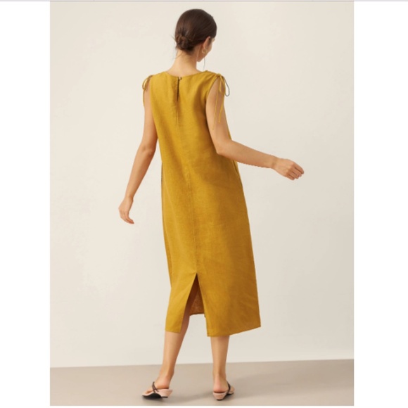 100% Linen Smocked Shoulder Embroidered Maxi Dress BELINE - Picture 3 of 11